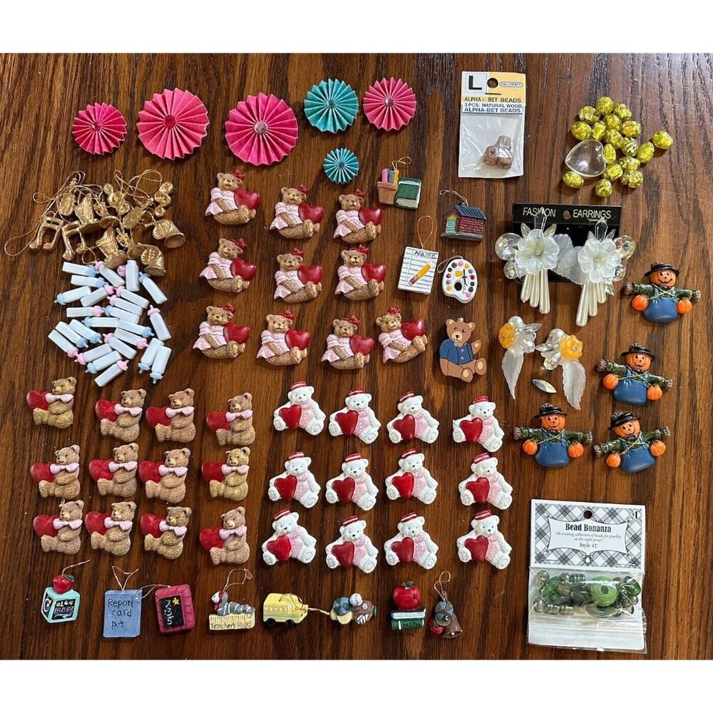 Jewelry Making/Crafting Lot Teddy Bear Flats, Foil Beads, School Ornaments, MORE